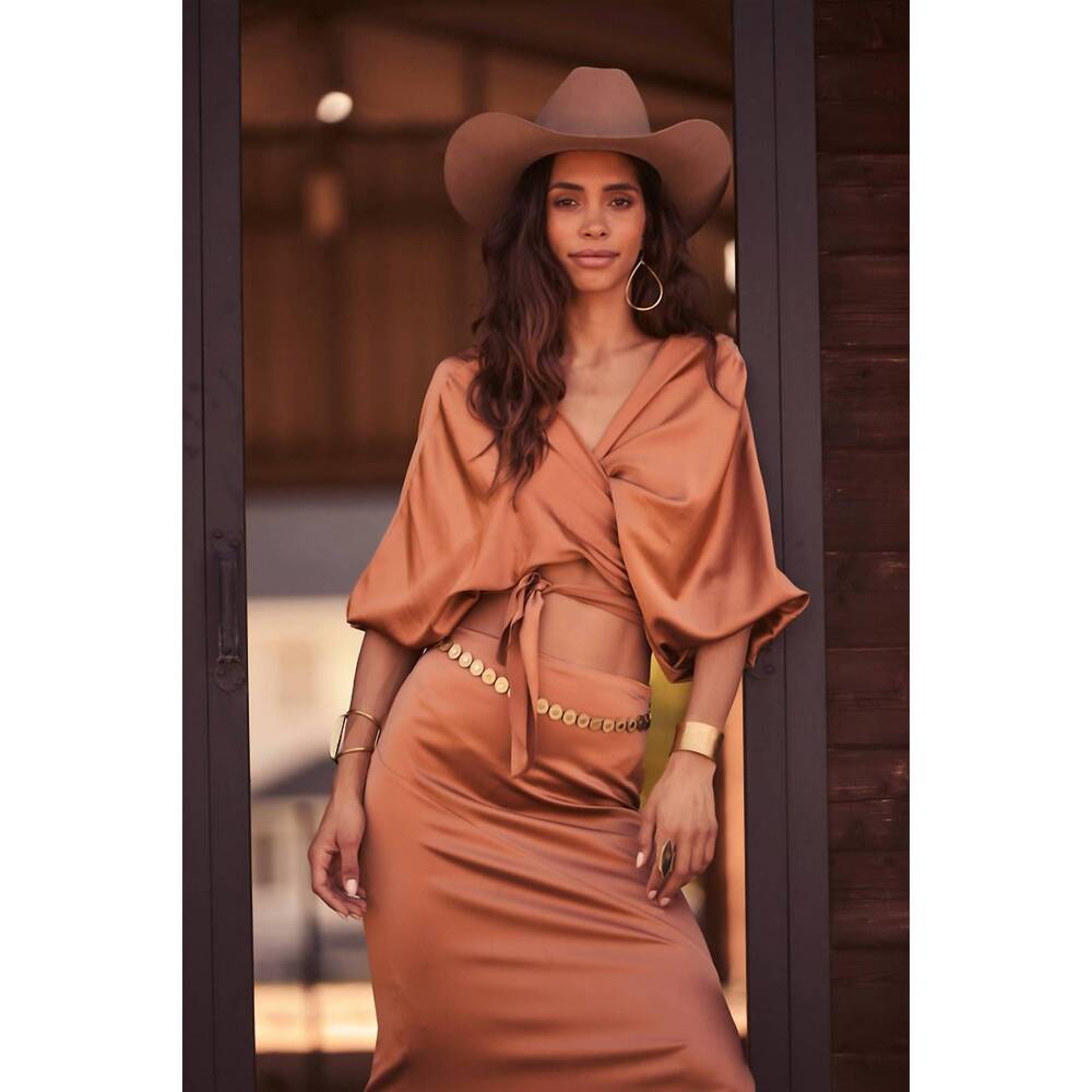 NEW BERYLL ali silk wrap top in copper